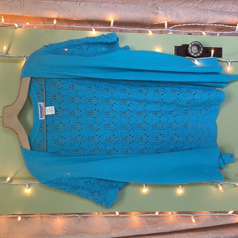 Women's Serengeti Crochet Short Sleeve Open Front Sweater L